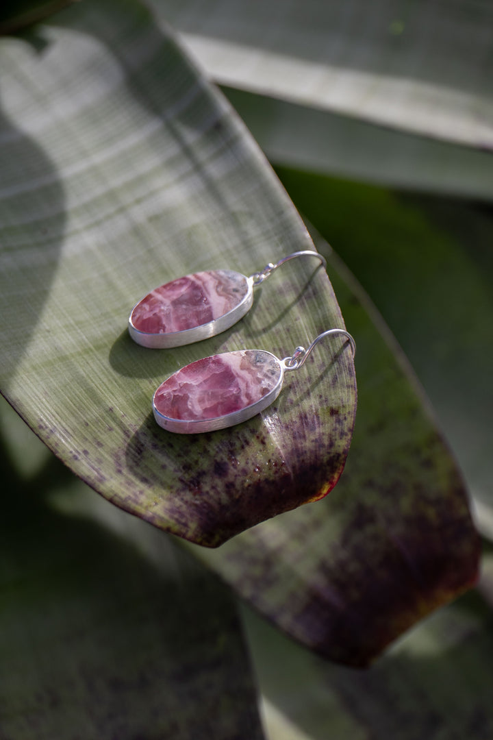 Rhodochrosite Earrings in Brushed Sterling Silver