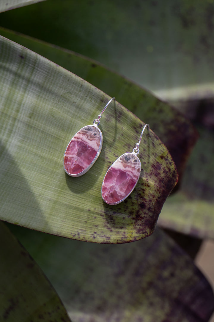 Rhodochrosite Earrings in Brushed Sterling Silver