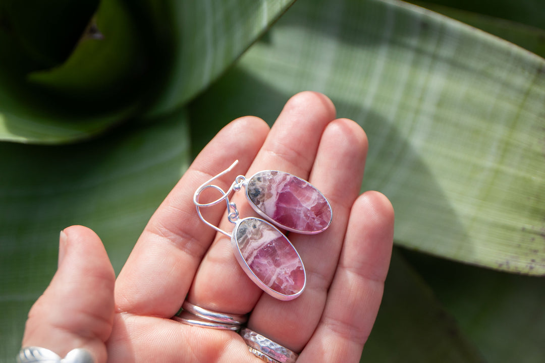 Rhodochrosite Earrings in Brushed Sterling Silver