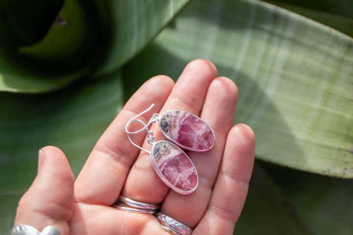 Rhodochrosite Earrings in Brushed Sterling Silver