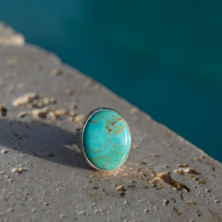 Genuine Turquoise Ring in Beaten Sterling Silver Setting - Adjustable
