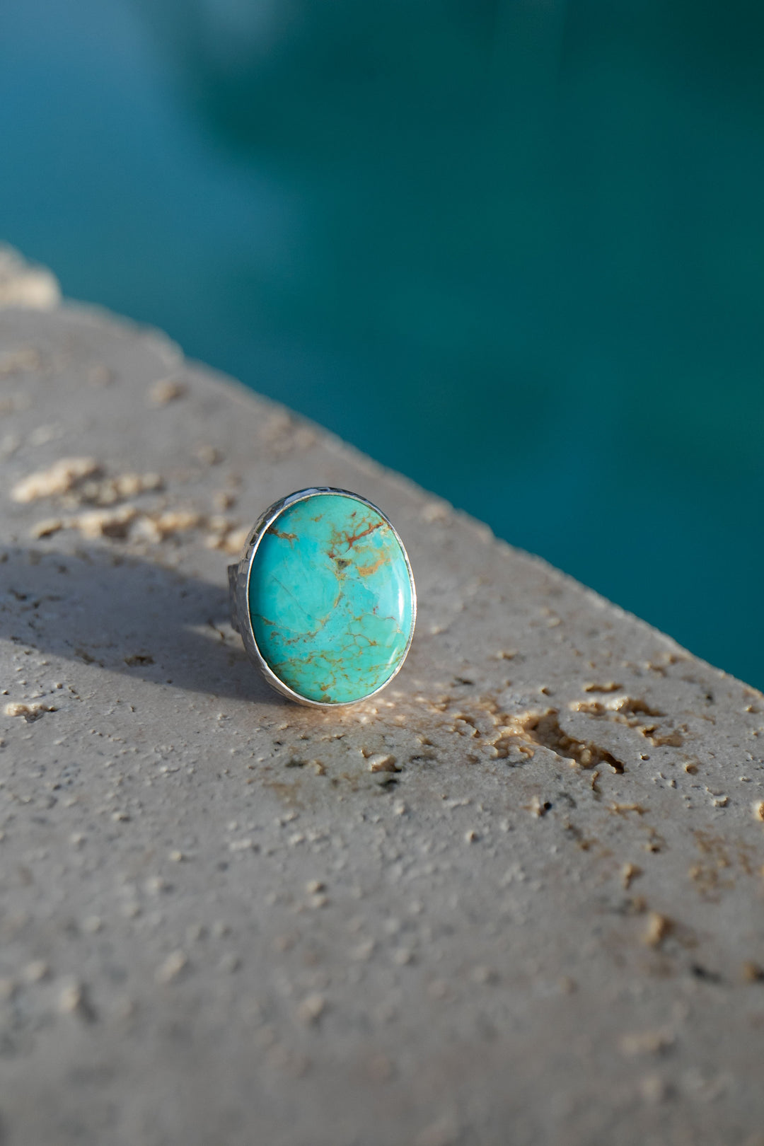 Genuine Turquoise Ring in Beaten Sterling Silver Setting - Adjustable