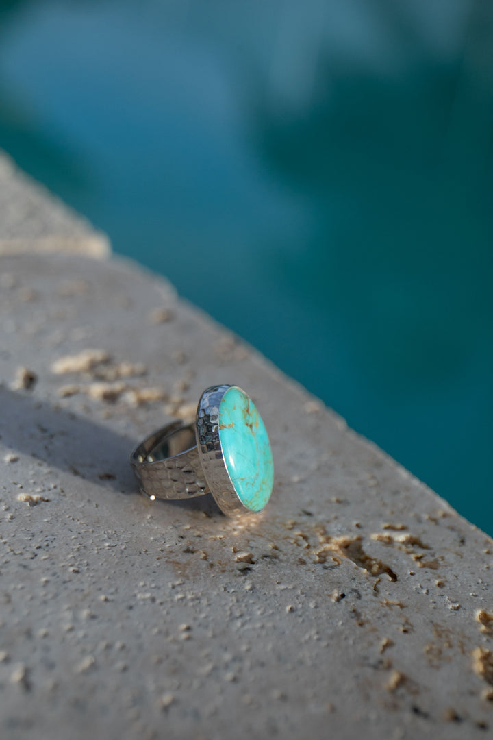 Genuine Turquoise Ring in Beaten Sterling Silver Setting - Adjustable