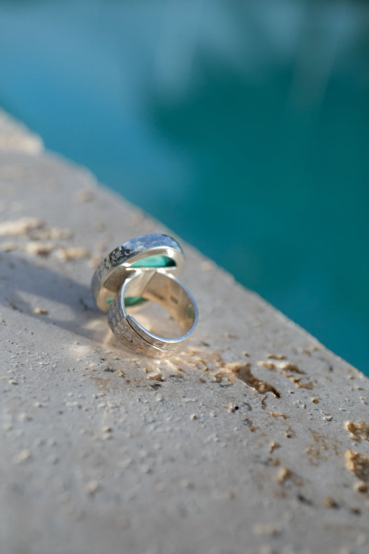 Genuine Turquoise Ring in Beaten Sterling Silver Setting - Adjustable