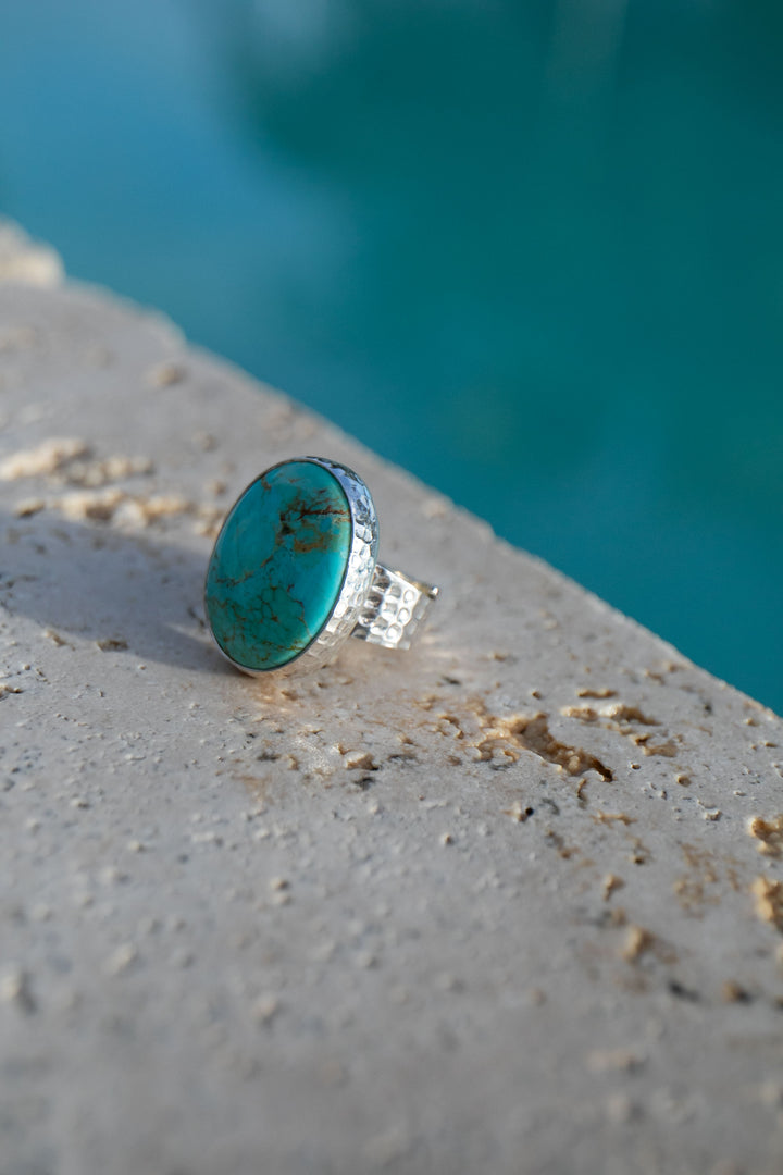 Genuine Turquoise Ring in Beaten Sterling Silver Setting - Adjustable