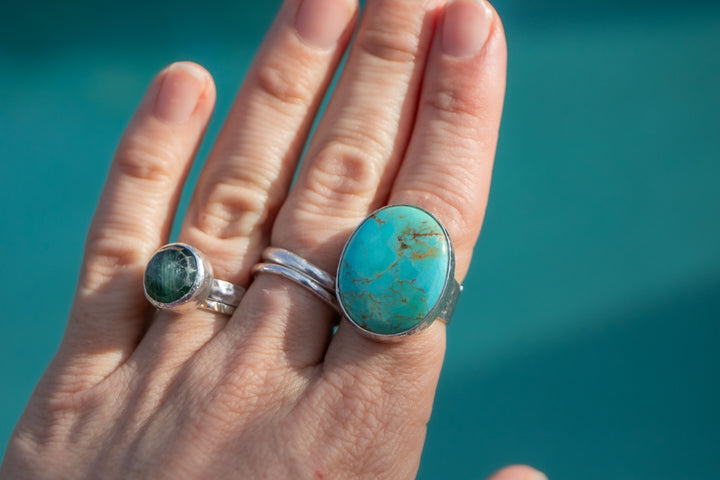 Genuine Turquoise Ring in Beaten Sterling Silver Setting - Adjustable