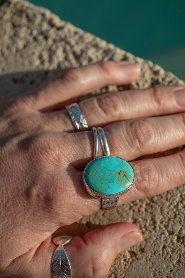 Genuine Turquoise Ring in Beaten Sterling Silver Setting - Adjustable
