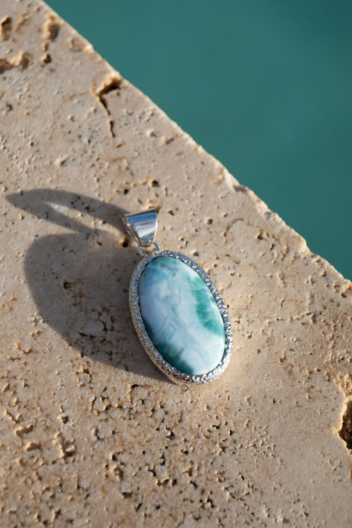 Larimar Pendant in Unique Bezel Silver Setting