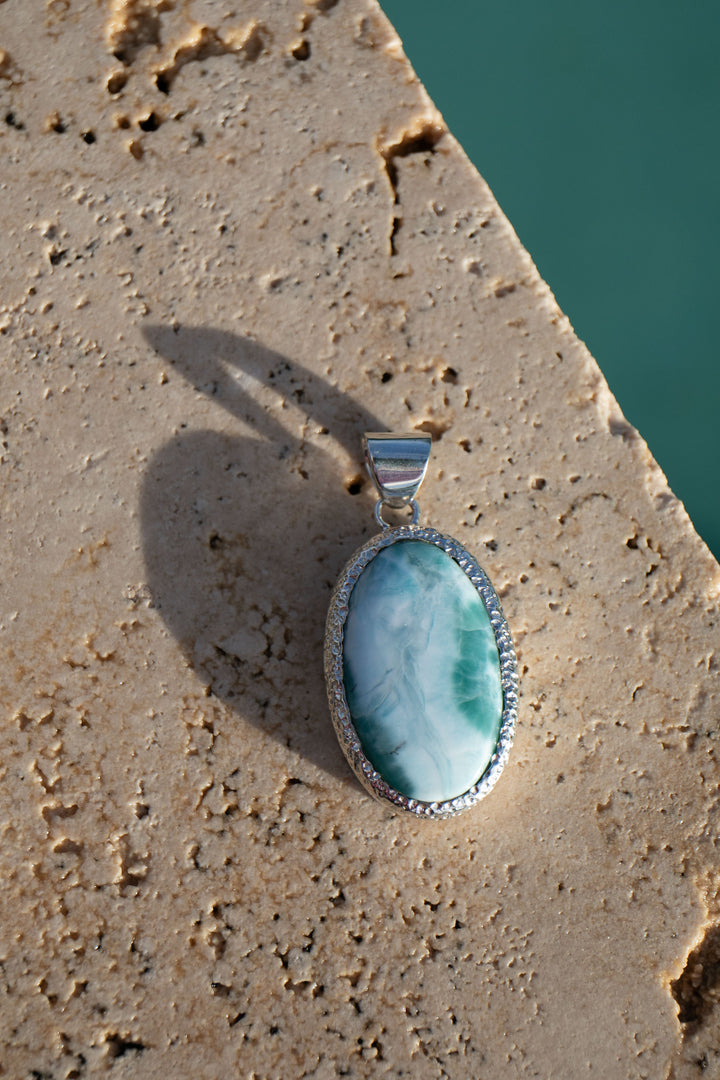Larimar Pendant in Unique Bezel Silver Setting