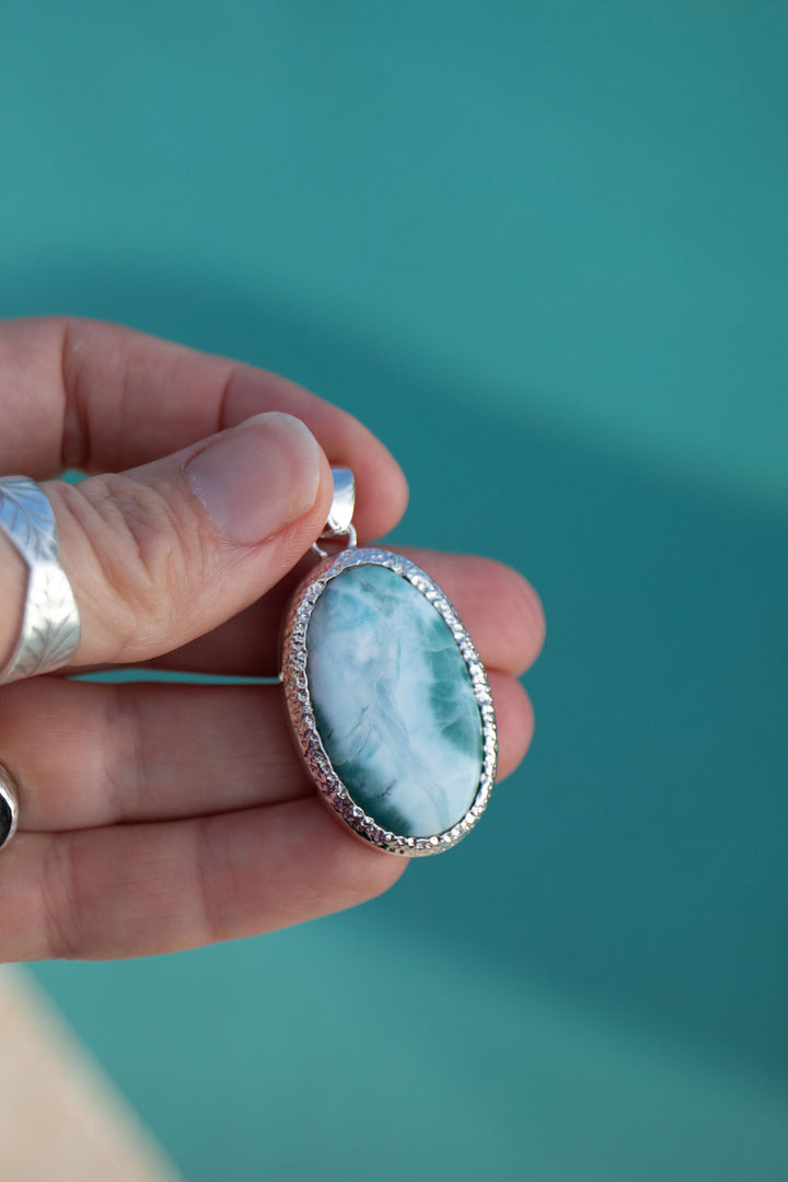 Larimar Pendant in Unique Bezel Silver Setting