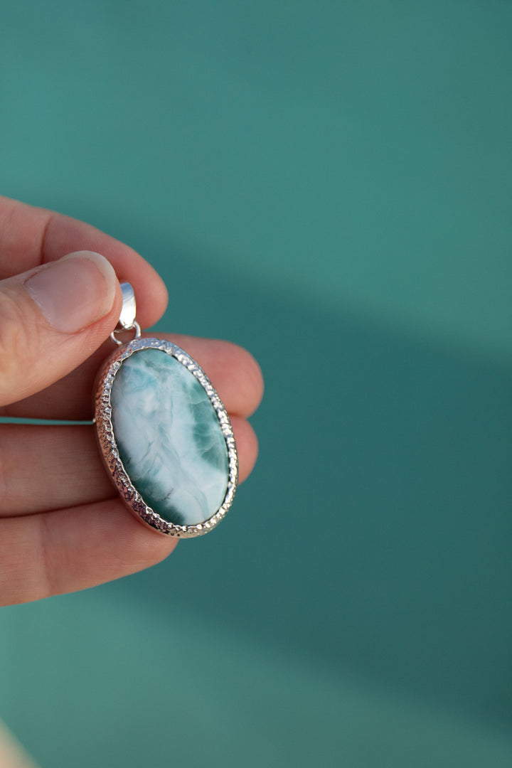 Larimar Pendant in Unique Bezel Silver Setting