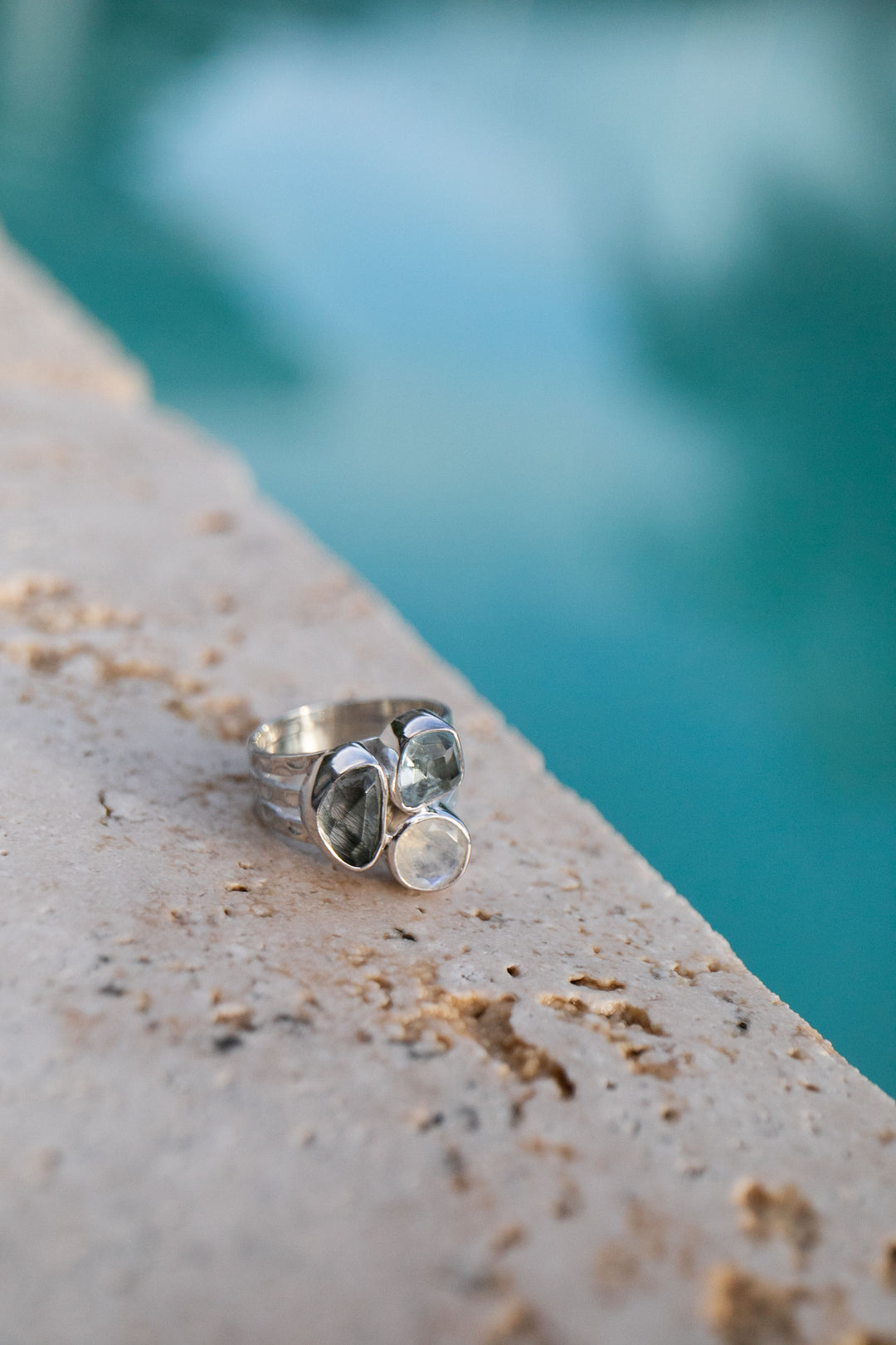 Aquamarine, Tourmaline and Rainbow Moonstone Ring - Size 6.5 US