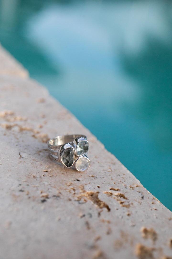 Aquamarine, Tourmaline and Rainbow Moonstone Ring - Size 6.5 US