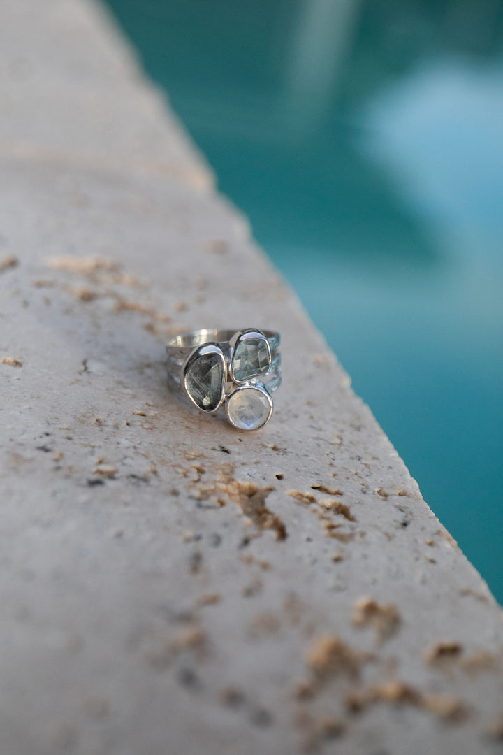 Aquamarine, Tourmaline and Rainbow Moonstone Ring - Size 6.5 US