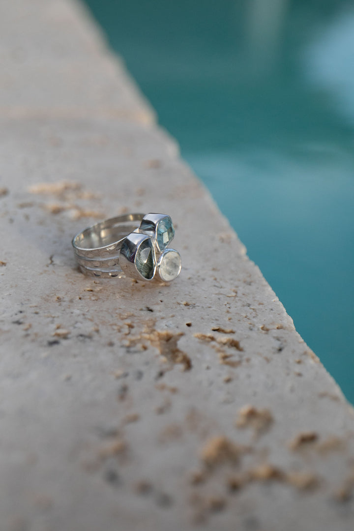 Aquamarine, Tourmaline and Rainbow Moonstone Ring - Size 6.5 US