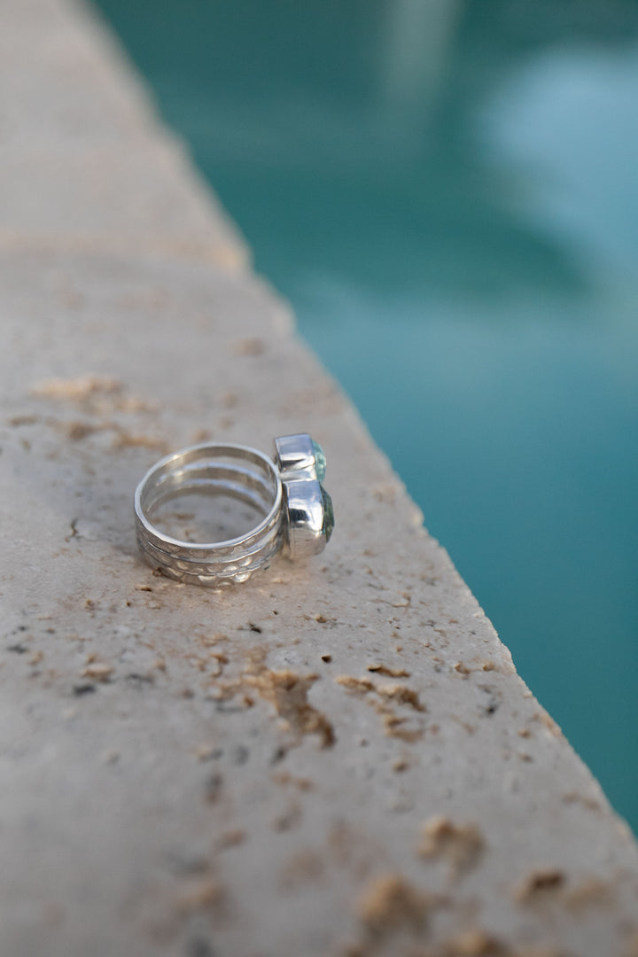 Aquamarine, Tourmaline and Rainbow Moonstone Ring - Size 6.5 US