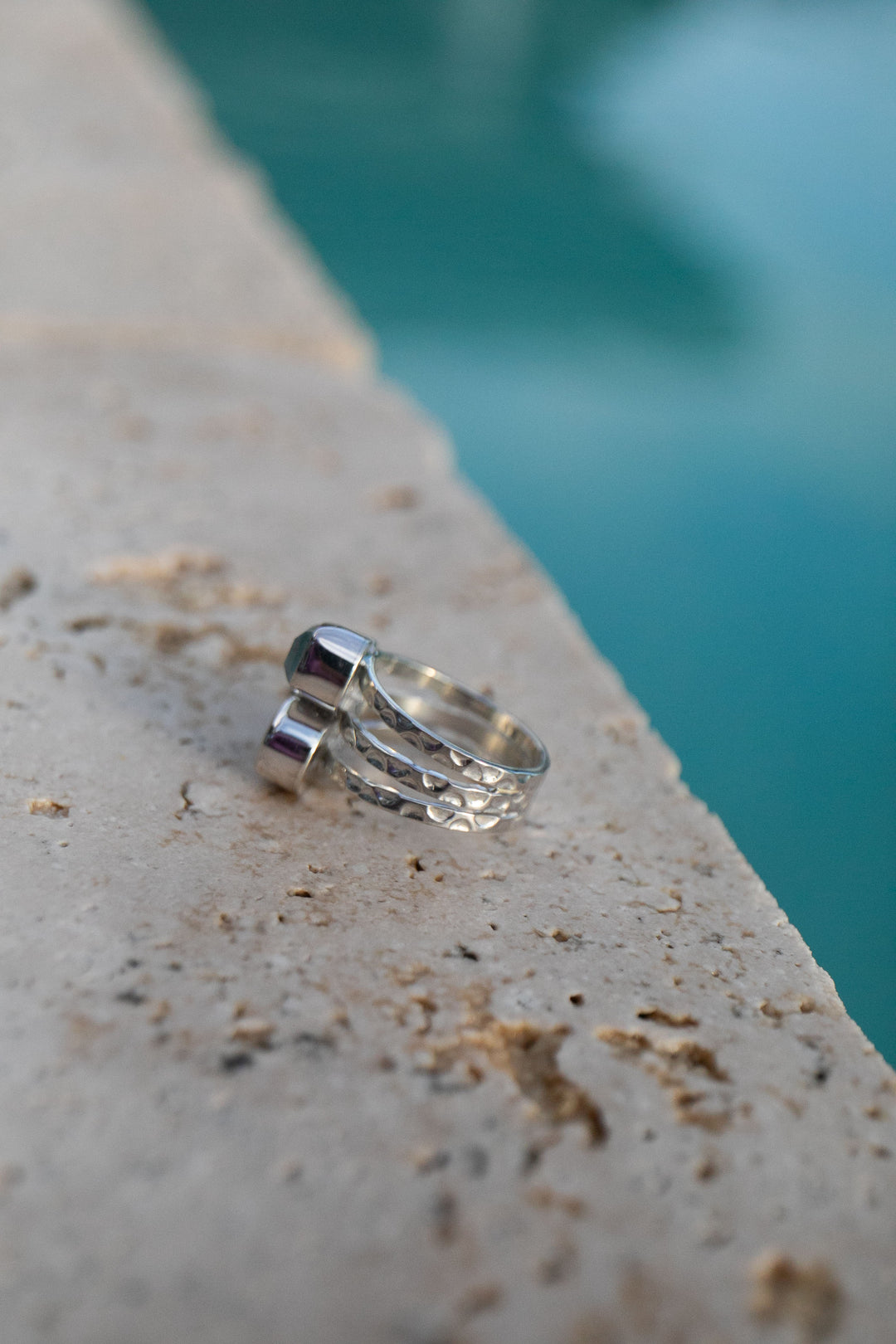 Aquamarine, Tourmaline and Rainbow Moonstone Ring - Size 6.5 US