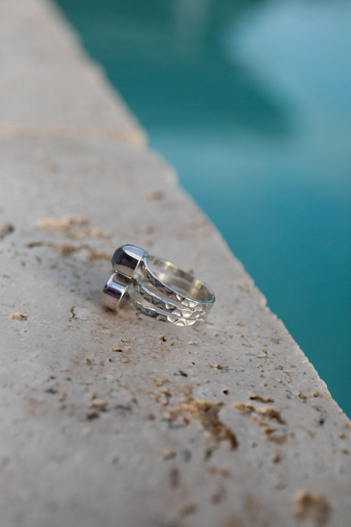 Aquamarine, Tourmaline and Rainbow Moonstone Ring - Size 6.5 US