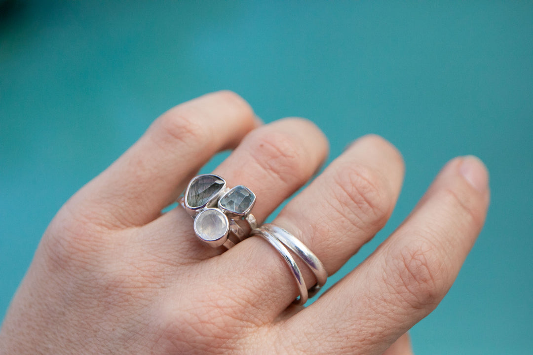 Aquamarine, Tourmaline and Rainbow Moonstone Ring - Size 6.5 US