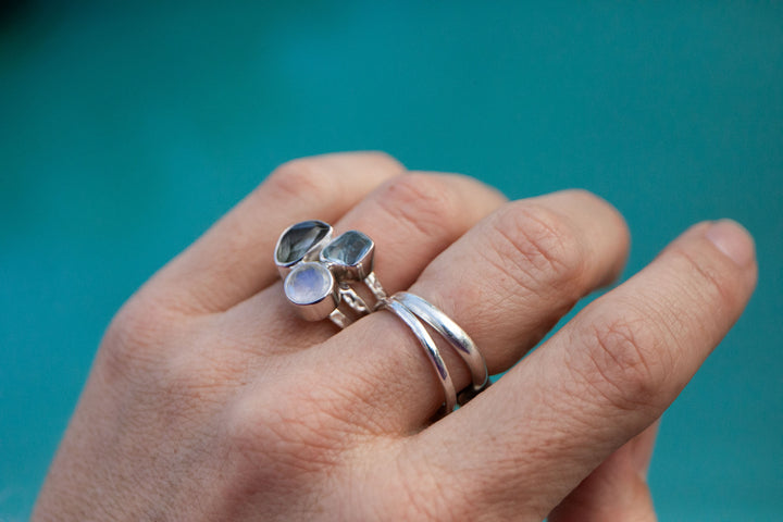 Aquamarine, Tourmaline and Rainbow Moonstone Ring - Size 6.5 US