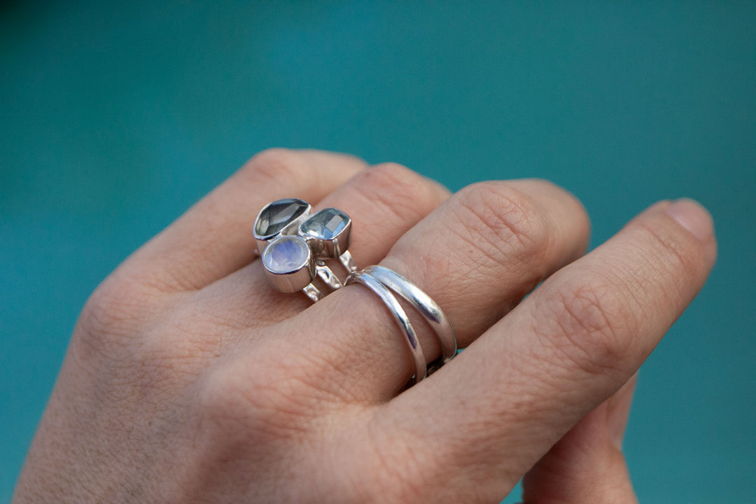 Aquamarine, Tourmaline and Rainbow Moonstone Ring - Size 6.5 US
