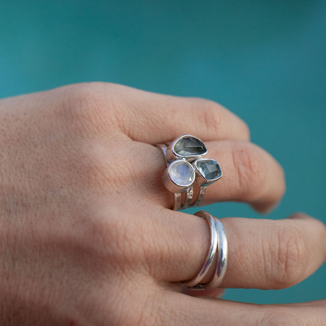Aquamarine, Tourmaline and Rainbow Moonstone Ring - Size 6.5 US