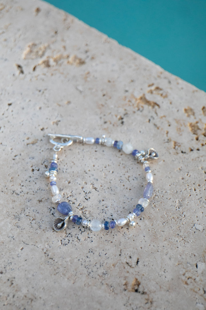 Tanzanite, Rainbow Moonstone, Kyanite, Pearl and Thai Hill Tribe Beaded Bracelet