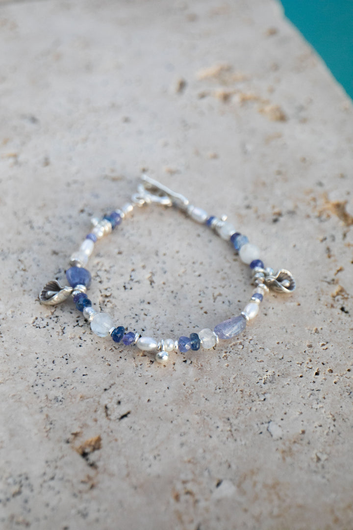 Tanzanite, Rainbow Moonstone, Kyanite, Pearl and Thai Hill Tribe Beaded Bracelet