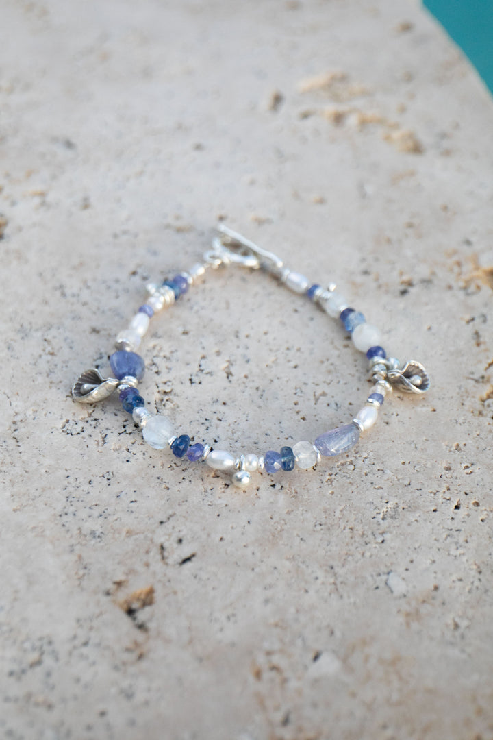 Tanzanite, Rainbow Moonstone, Kyanite, Pearl and Thai Hill Tribe Beaded Bracelet