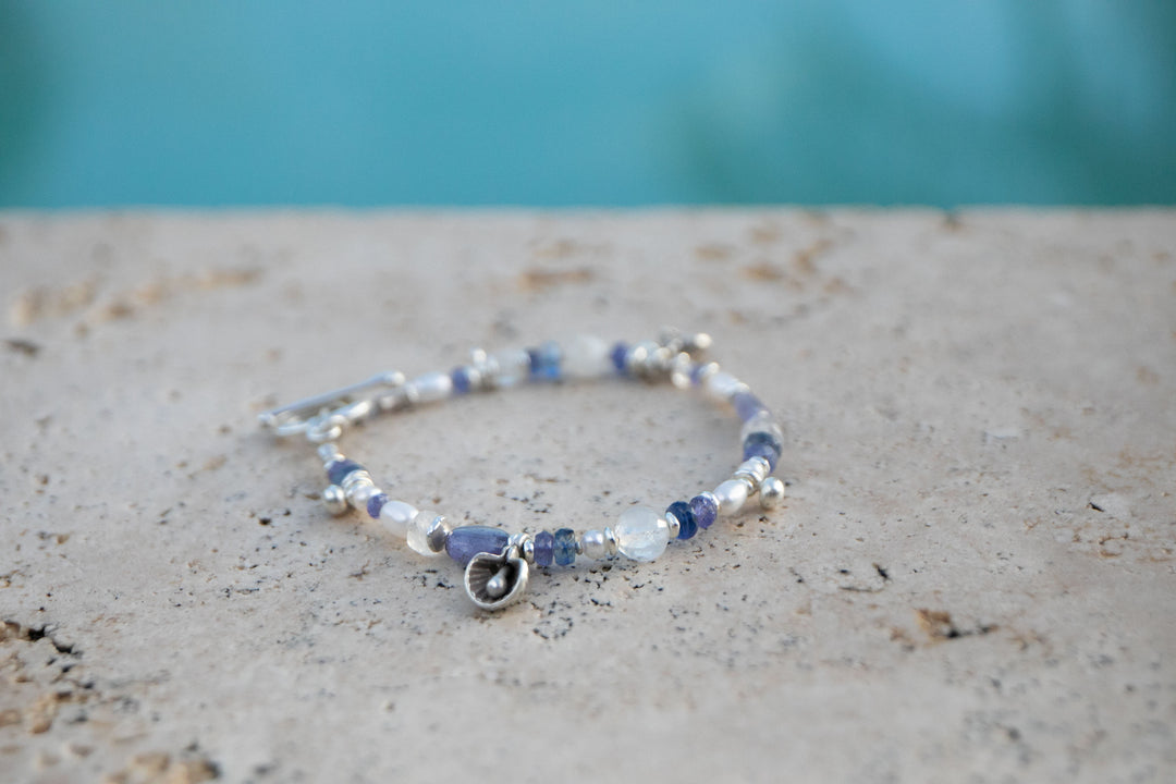 Tanzanite, Rainbow Moonstone, Kyanite, Pearl and Thai Hill Tribe Beaded Bracelet
