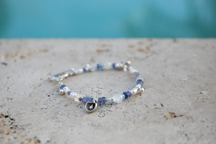 Tanzanite, Rainbow Moonstone, Kyanite, Pearl and Thai Hill Tribe Beaded Bracelet