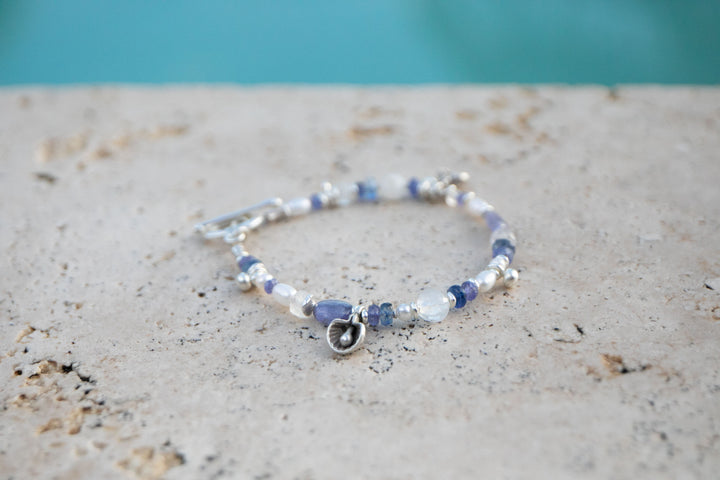 Tanzanite, Rainbow Moonstone, Kyanite, Pearl and Thai Hill Tribe Beaded Bracelet