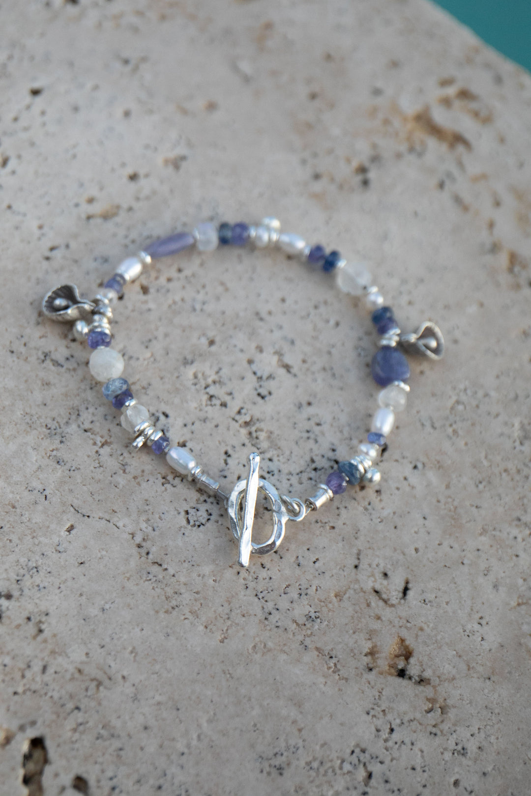 Tanzanite, Rainbow Moonstone, Kyanite, Pearl and Thai Hill Tribe Beaded Bracelet
