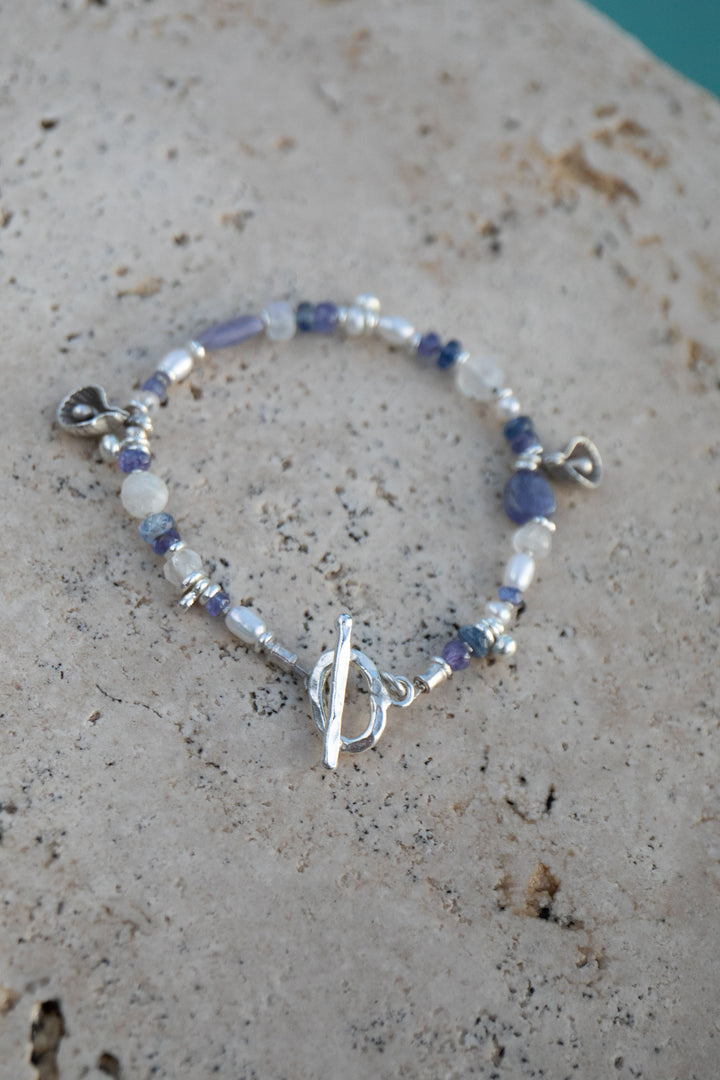 Tanzanite, Rainbow Moonstone, Kyanite, Pearl and Thai Hill Tribe Beaded Bracelet