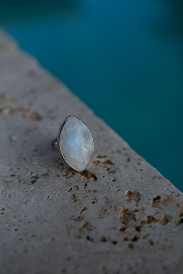 Ellipse Rainbow Moonstone Ring in Sterling Silver Setting - Adjustable