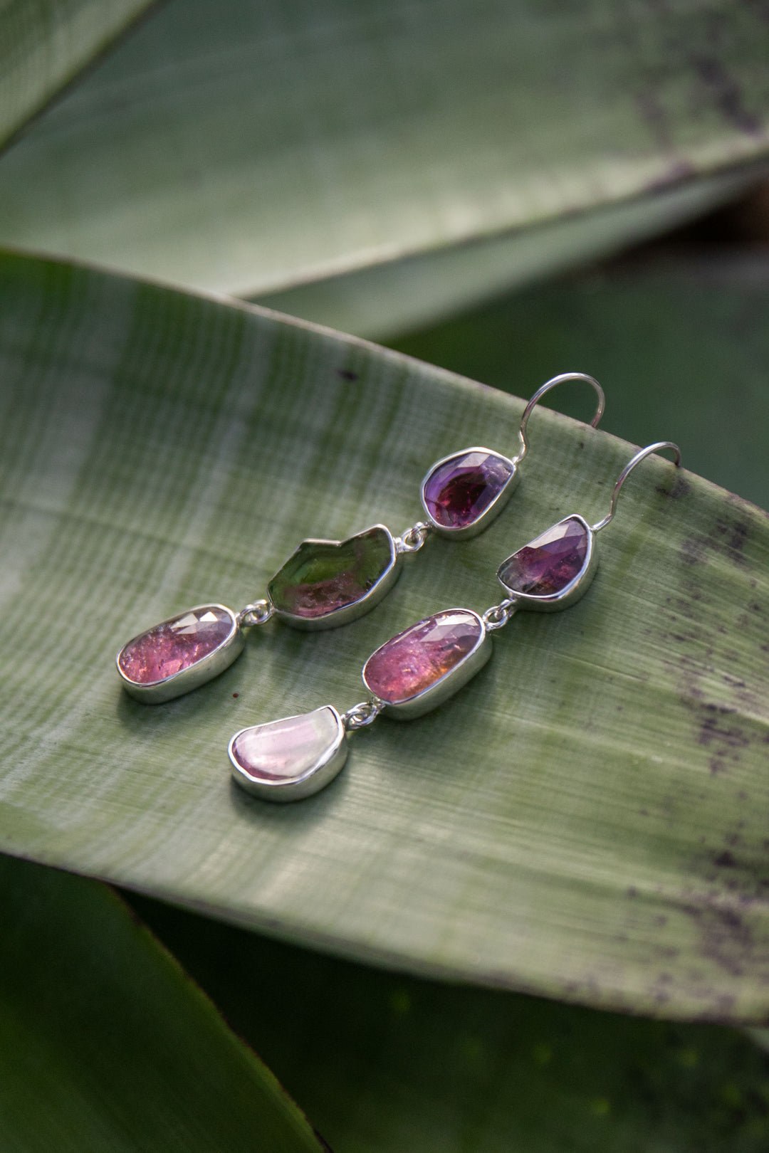One of a Kind Raw and Rose Cut Watermelon Triple Tourmaline Drop Earrings in Sterling Silver