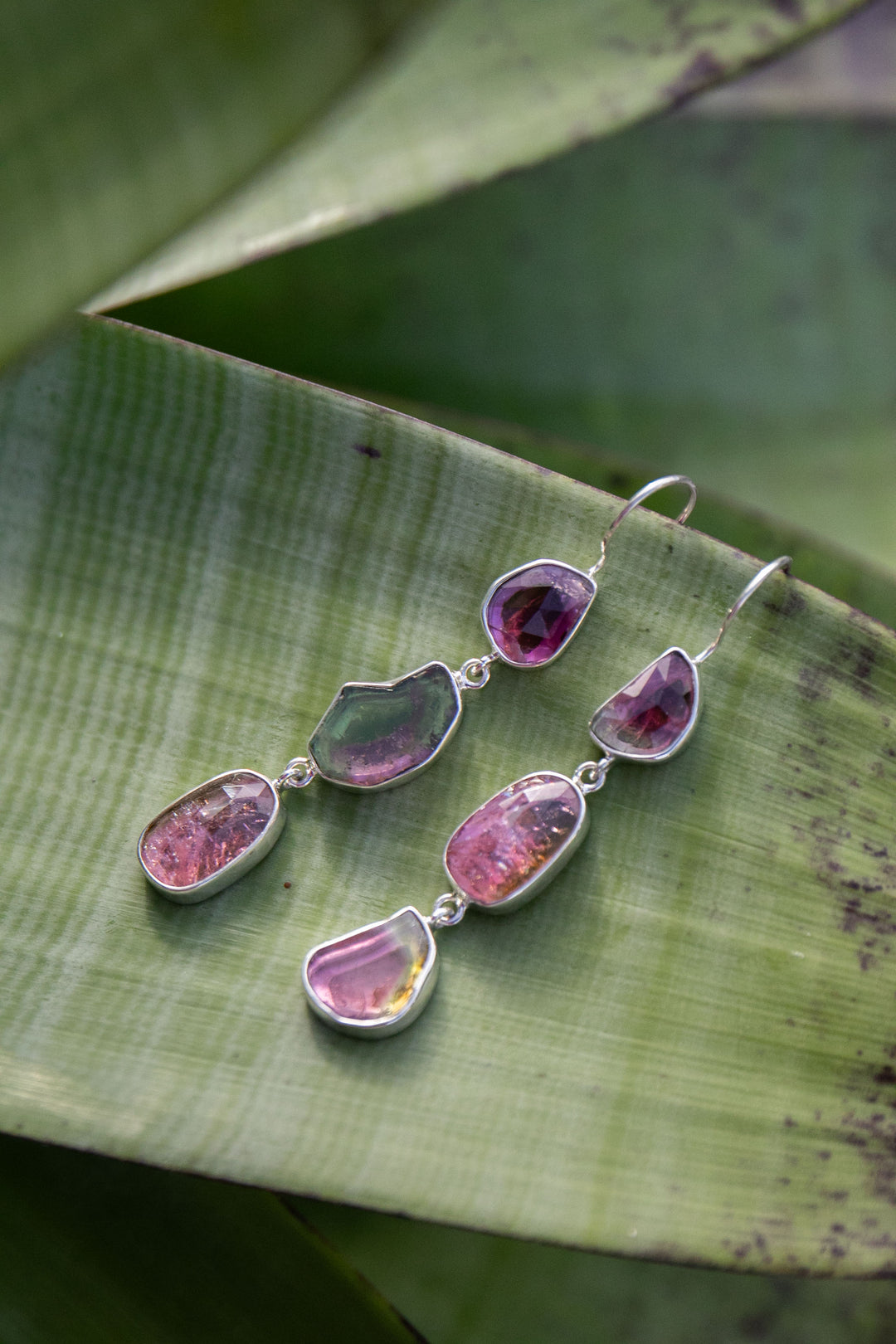 One of a Kind Raw and Rose Cut Watermelon Triple Tourmaline Drop Earrings in Sterling Silver