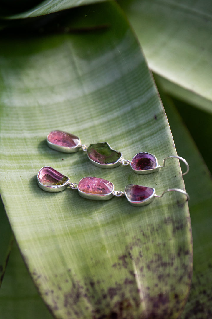 One of a Kind Raw and Rose Cut Watermelon Triple Tourmaline Drop Earrings in Sterling Silver