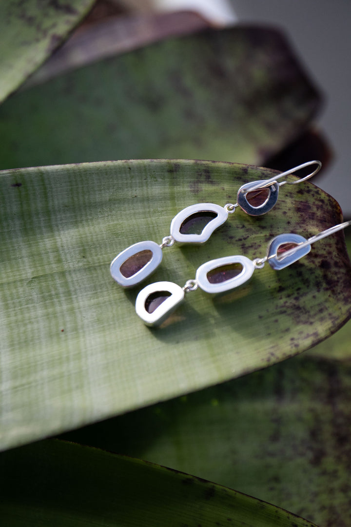 One of a Kind Raw and Rose Cut Watermelon Triple Tourmaline Drop Earrings in Sterling Silver