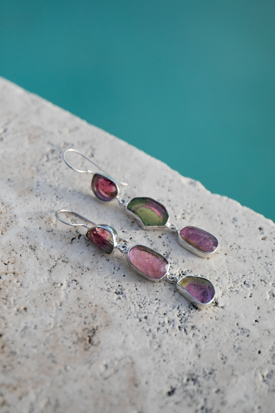 One of a Kind Raw and Rose Cut Watermelon Triple Tourmaline Drop Earrings in Sterling Silver