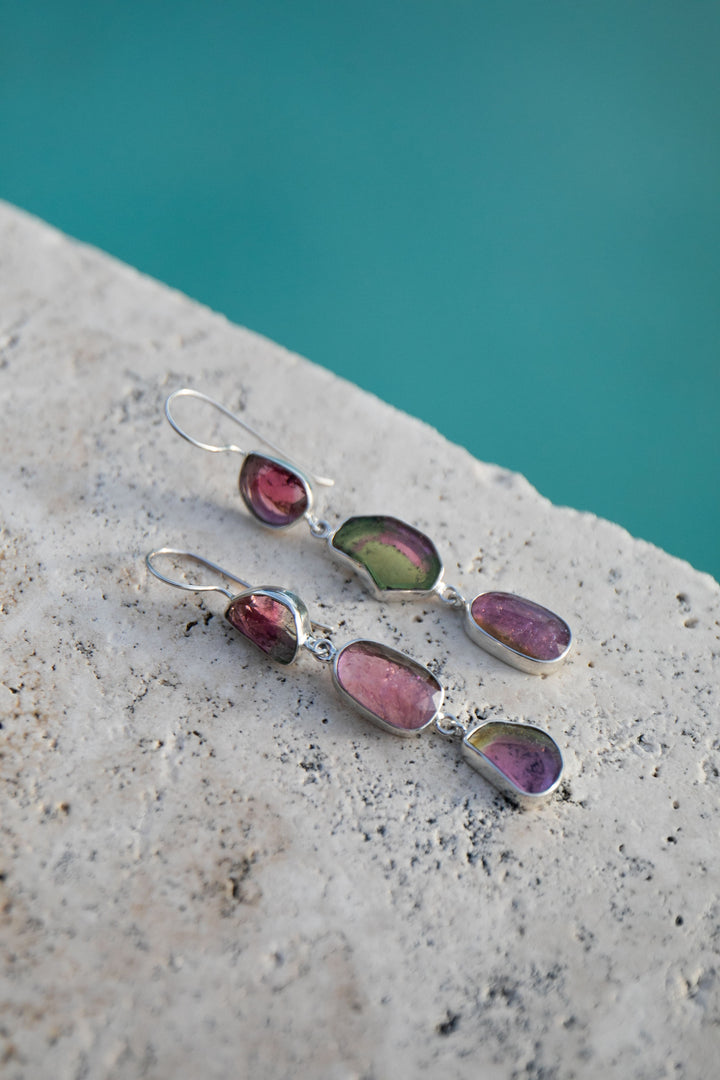 One of a Kind Raw and Rose Cut Watermelon Triple Tourmaline Drop Earrings in Sterling Silver