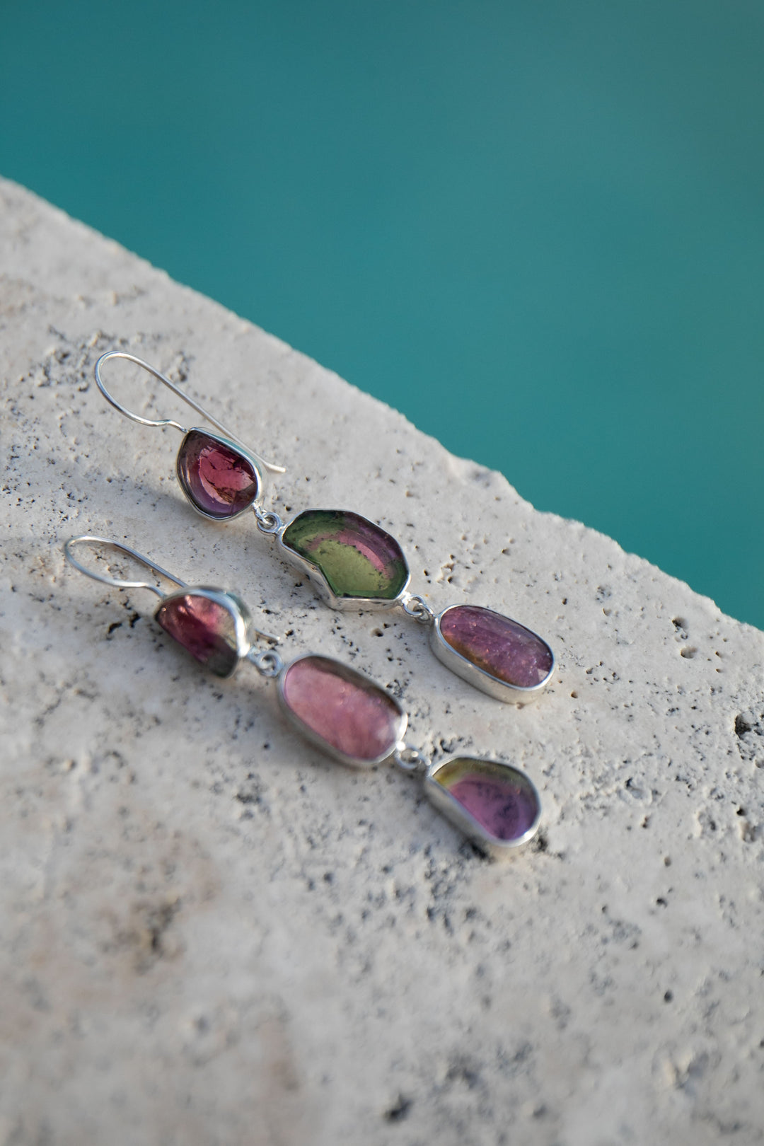 One of a Kind Raw and Rose Cut Watermelon Triple Tourmaline Drop Earrings in Sterling Silver