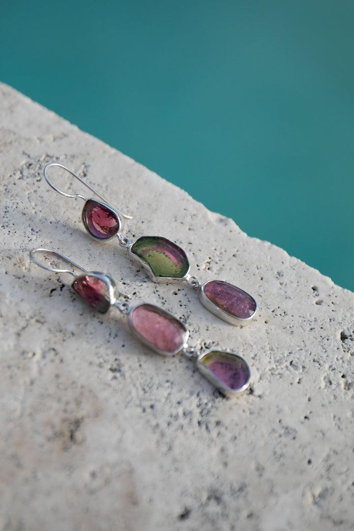 One of a Kind Raw and Rose Cut Watermelon Triple Tourmaline Drop Earrings in Sterling Silver