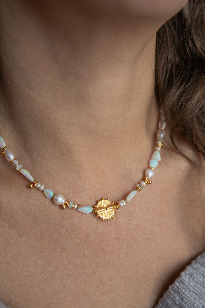 Ethiopian Opal, Pearl and 24k Gold Vermeil Necklace