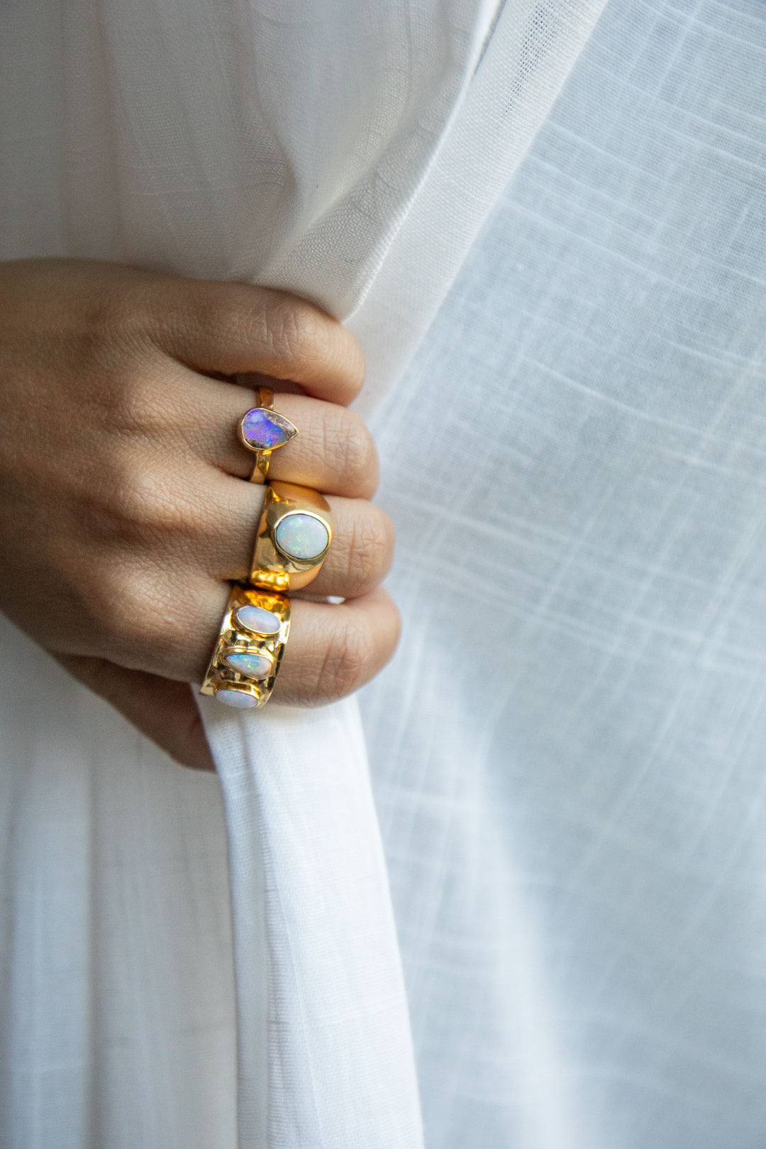 Australian Opal Ring set in Beaten Gold Plated Sterling Silver Band - Size 6 US