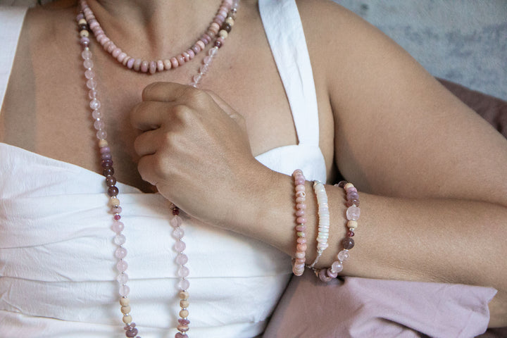 Pink Opal, Rose Quartz and Tourmaline Bracelet with Thai Hill Tribe Silver