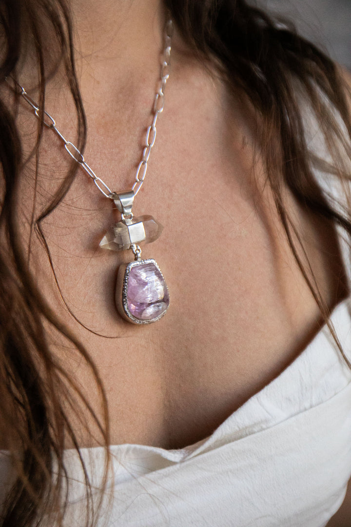 Reserved for Burcu *** Kunzite and Herkimer Diamond Pendant in Sterling Silver Setting