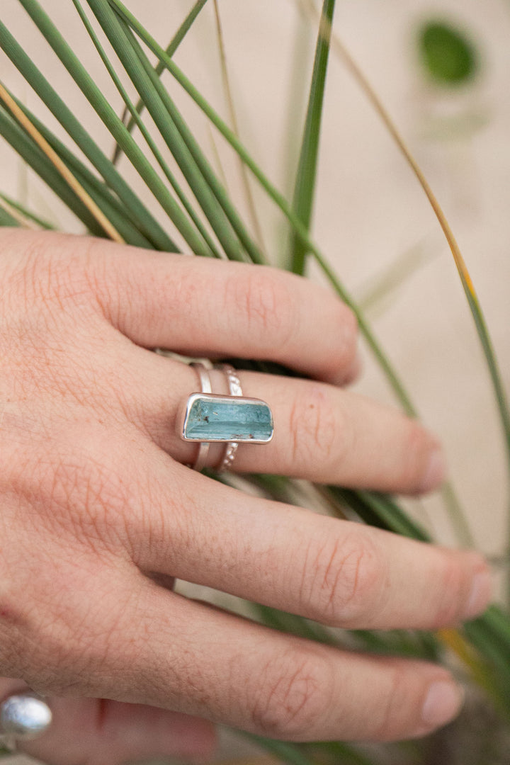 Raw Core Sample Aquamarine Ring in Sterling Silver Band - Size 6.5 US