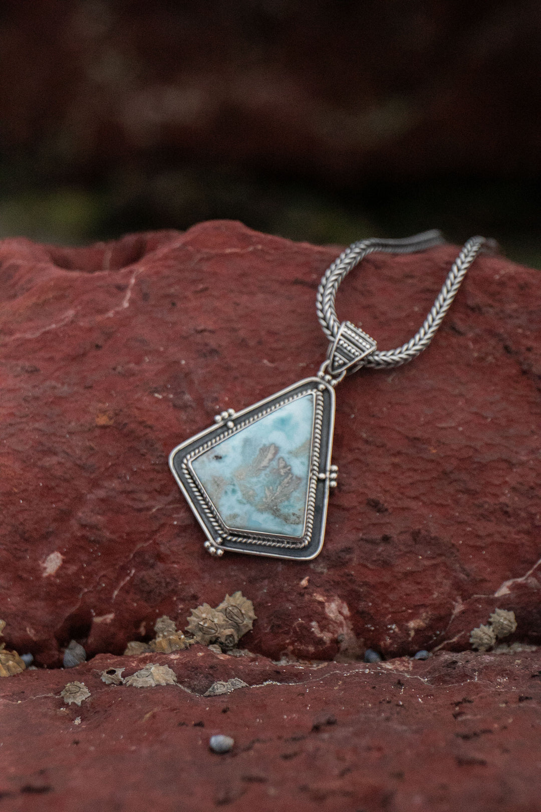 Tribal Design Larimar Pendant set in Sterling Silver