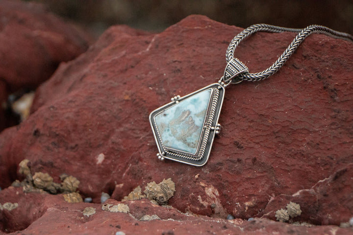 Tribal Design Larimar Pendant set in Sterling Silver